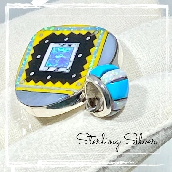 Signed SM Sterling Silver Inlaid Multi Gemstone Native American Navajo Pendant - Picture 6 of 9